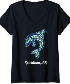 Womens Blue Green Native American Ketchikan AK Orca Killer Whale V-Neck T-Shirt