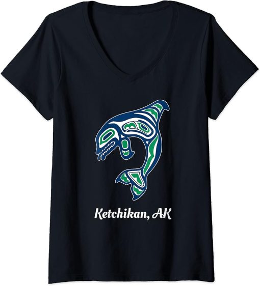 Womens Blue Green Native American Ketchikan AK Orca Killer Whale V-Neck T-Shirt