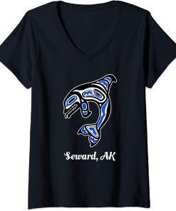 Womens Blue Native American Seward AK Tribal Orca Killer Whale V-Neck T-Shirt