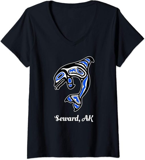 Womens Blue Native American Seward AK Tribal Orca Killer Whale V-Neck T-Shirt