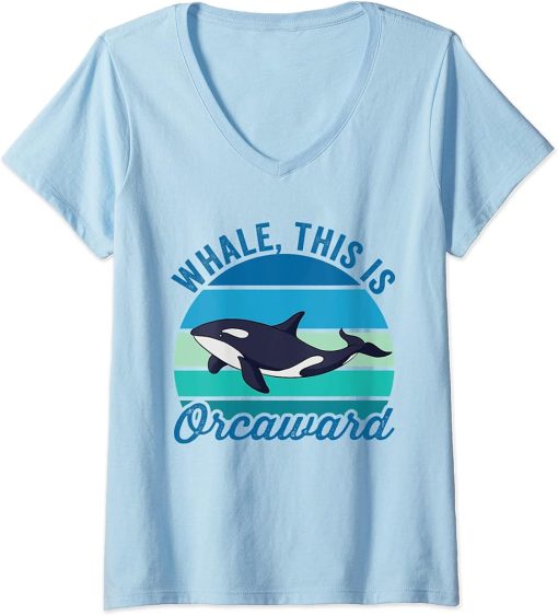 Womens Whale This Is Orcaward Funny Orca Pun Women Girls Kids Whale V-Neck T-Shirt