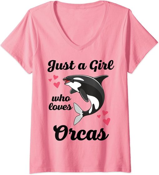 Womens Just A Girl Who Loves Orcas Funny Killer Whales Womens Kids V-Neck T-Shirt